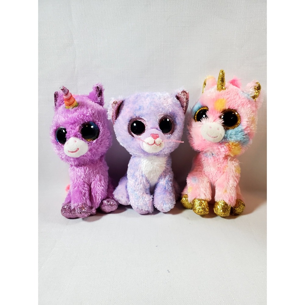 Lot Of 3 ● ty Silk Beanie Boos Plush ● Unicorns & Cat Big‎ Eye Stuffed Animals